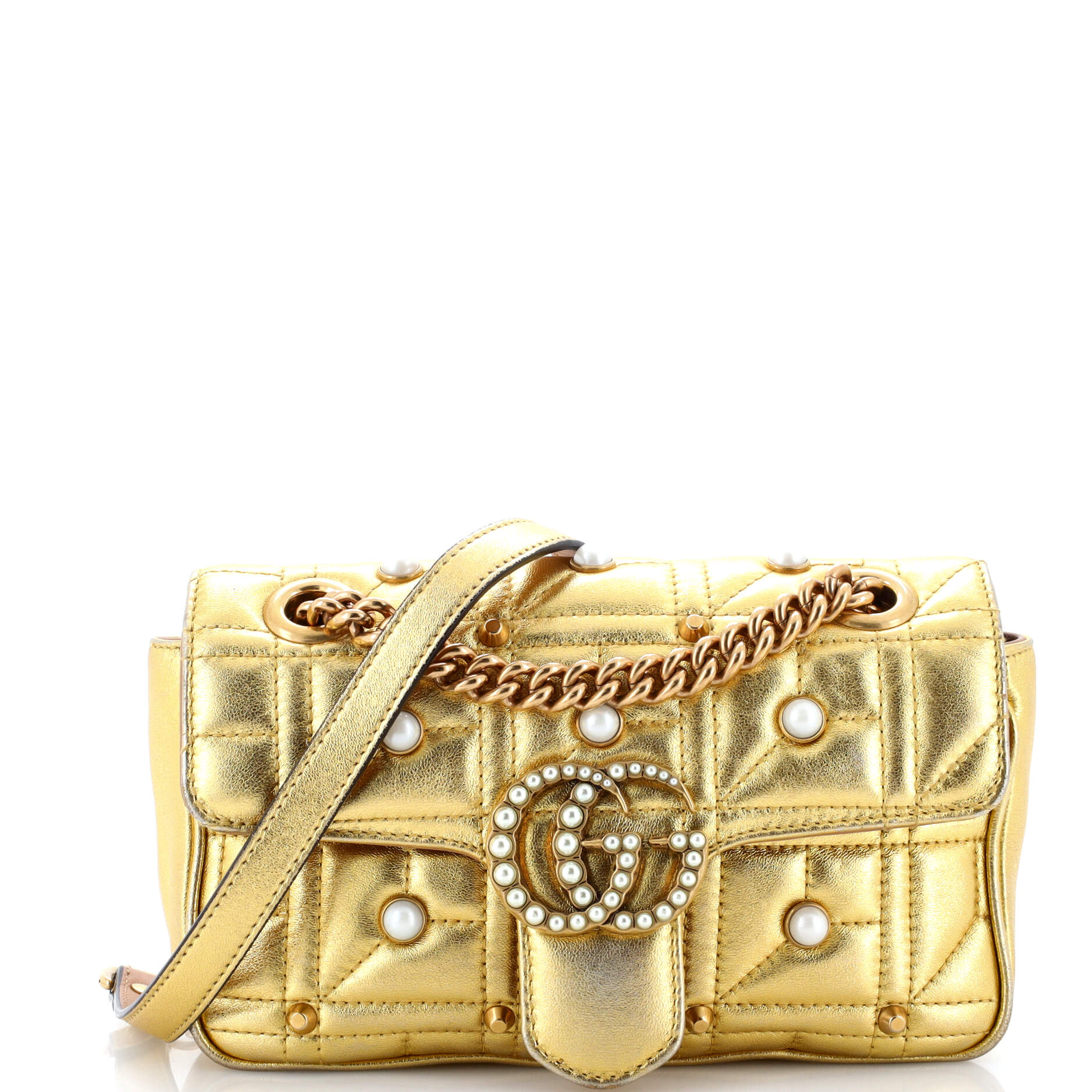 Pearly GG Marmont Flap Bag Embellished Matelasse Leather Small