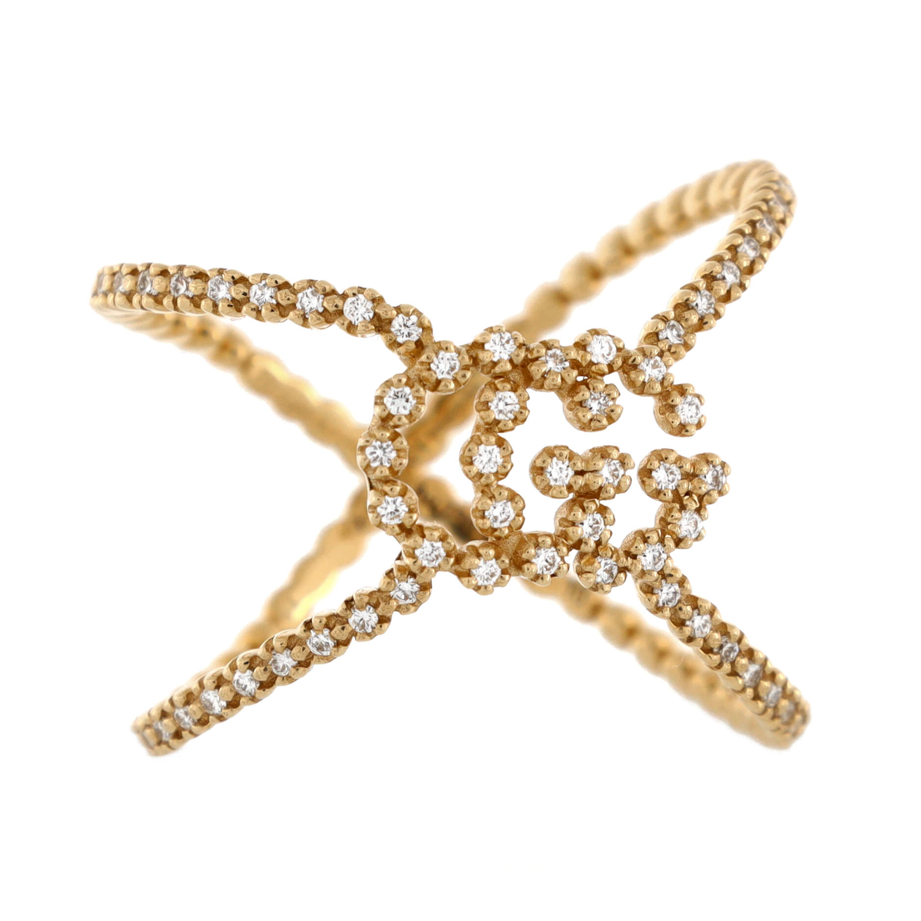 GG Running Cross Ring 18K Yellow Gold and Pave Diamonds – Image 2